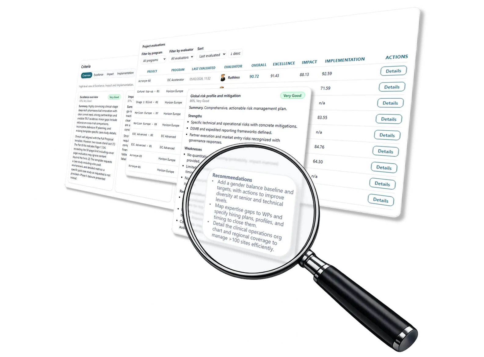 Ruthless Evaluator interface showing proposal evaluation workflow and results